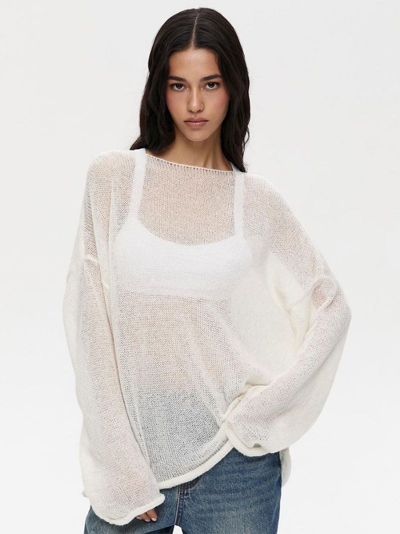 Dames Effen Gehaakte T-shirts Met Boothals Lange Mouwen Holle Oversized Sexy Top