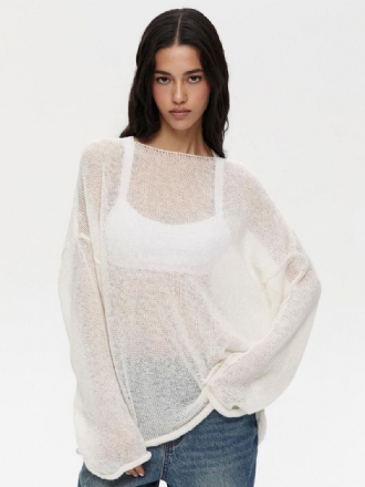 Dames Effen Gehaakte T-shirts Met Boothals Lange Mouwen Holle Oversized Sexy Top