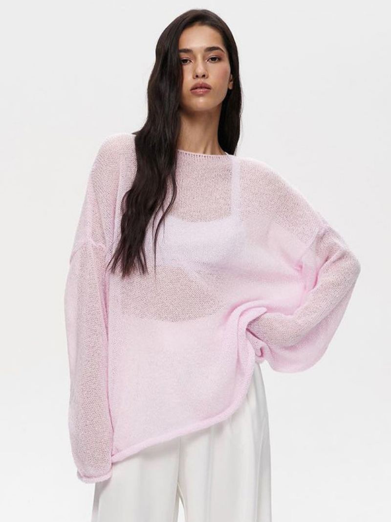 Dames Effen Gehaakte T-shirts Met Boothals Lange Mouwen Holle Oversized Sexy Top - Roze