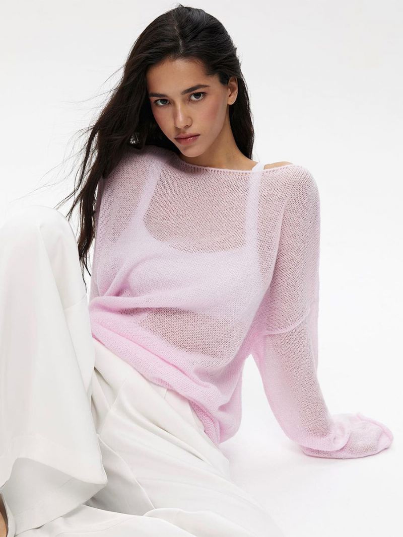 Dames Effen Gehaakte T-shirts Met Boothals Lange Mouwen Holle Oversized Sexy Top - Roze