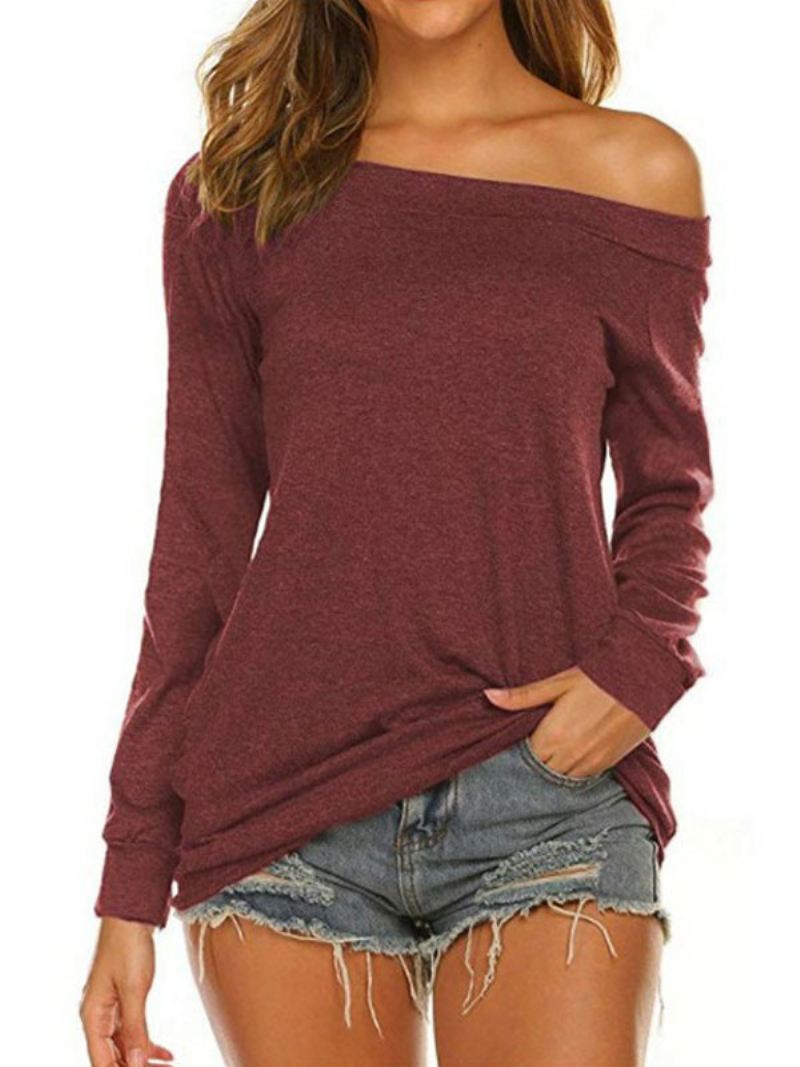 Damesblouse Bordeauxrood Katoenmix Met Lange Mouwen Casual T-shirt Bateau-hals