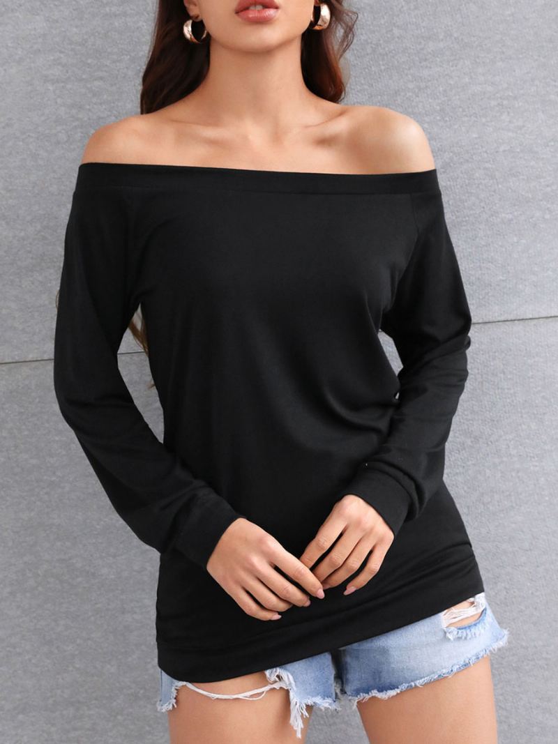 Damesblouse Bordeauxrood Katoenmix Met Lange Mouwen Casual T-shirt Bateau-hals - Zwart