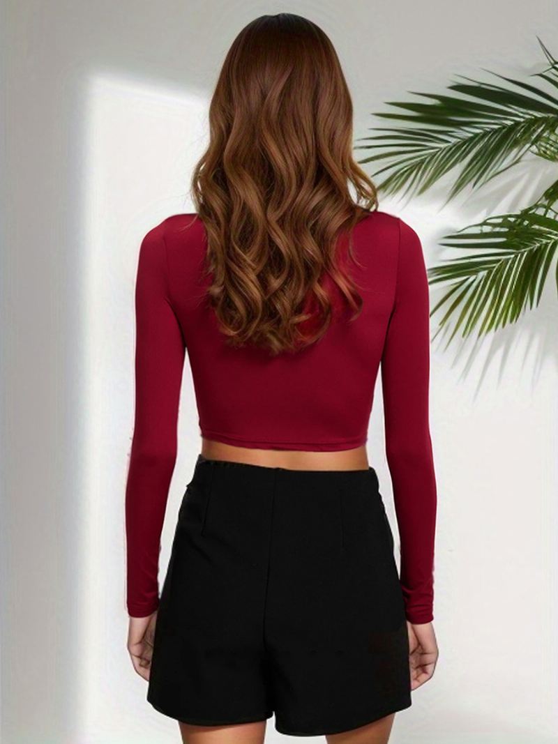 Damesminimalistische Gelaagde Top Met Lange Mouwen Effen Kleur Crop-ondershirt - Bordeauxrood