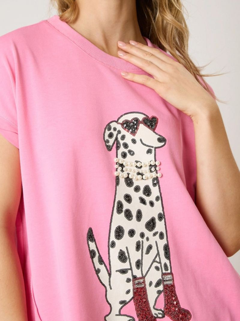 Mouwloze T-shirts Roze Dierenprint Bloemenprint Oversized Pailletten Jewel Neck Polyester Dames T-shirt - Roze