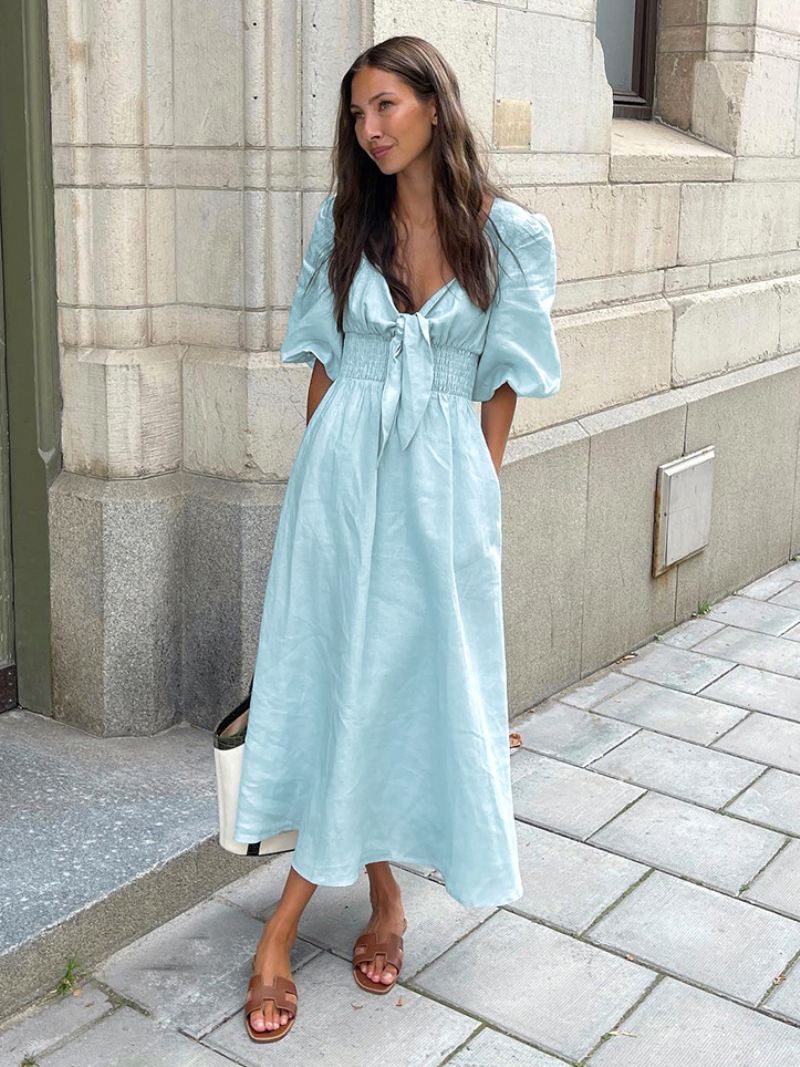 Babyblauwe Gesmokte Jurk Dames Geknoopte Pofmouwen Maxi-jurken Stranddagen - Blauw