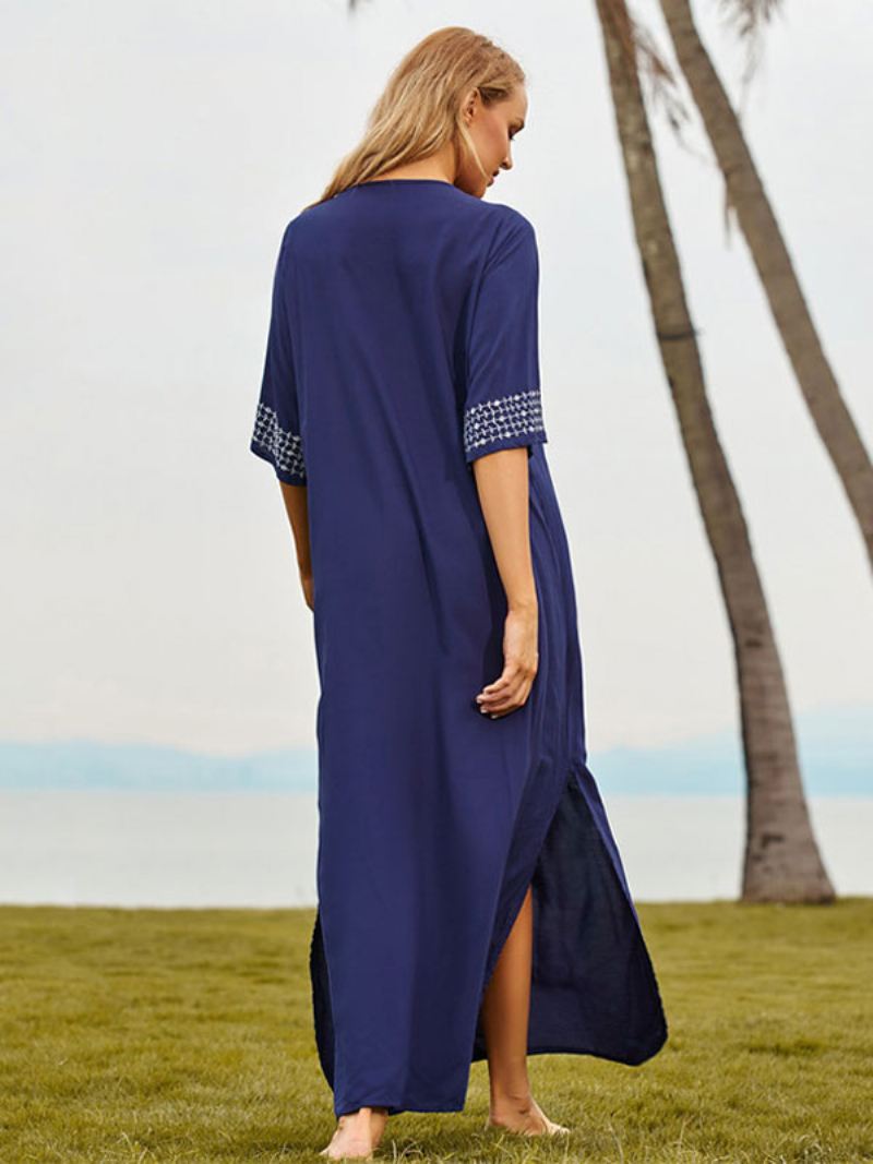 Dames Cover Ups Donker Marineblauw Kleurblok Geborduurd V-hals 3/4 Mouwen Oversized Zomer Sexy Badmode - Donker Marineblauw