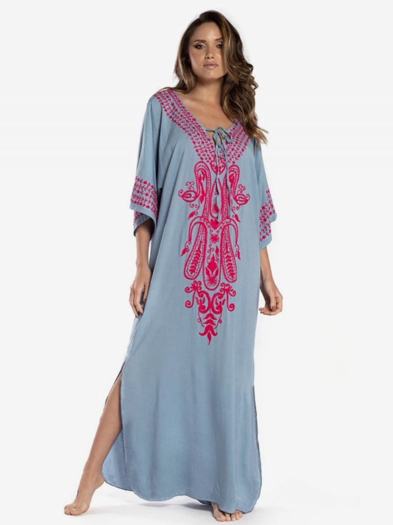 Dames Cover Ups Donker Marineblauw Kleurblok Geborduurd V-hals 3/4 Mouwen Oversized Zomer Sexy Badmode - Grijs