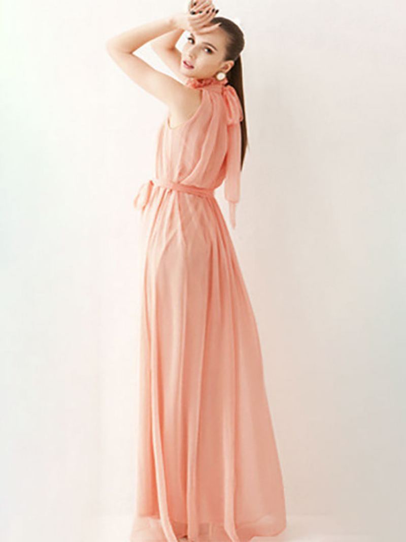 Dames Halter Zonnejurk Met Juweelhals Veters Chiffon Strandgala Maxi-jurken - Roze