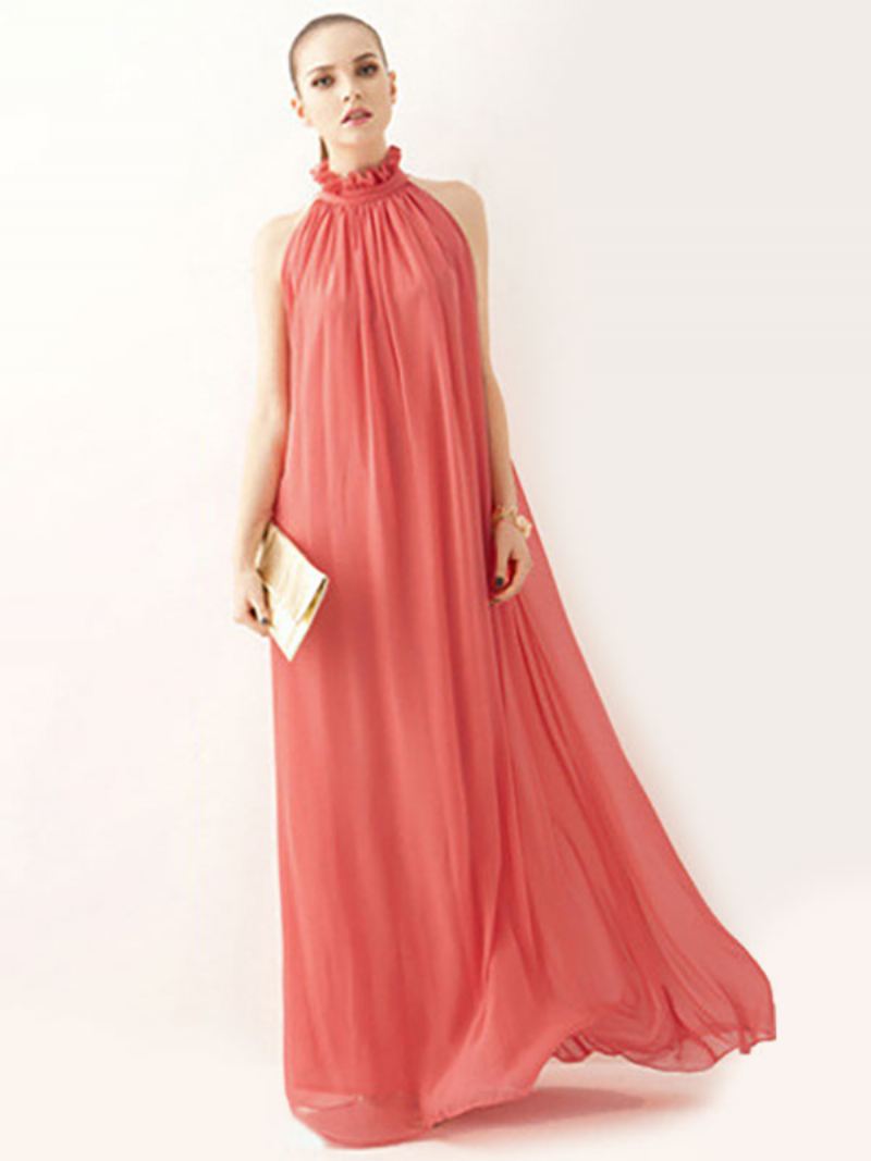 Dames Halter Zonnejurk Met Juweelhals Veters Chiffon Strandgala Maxi-jurken - Watermeloenrood