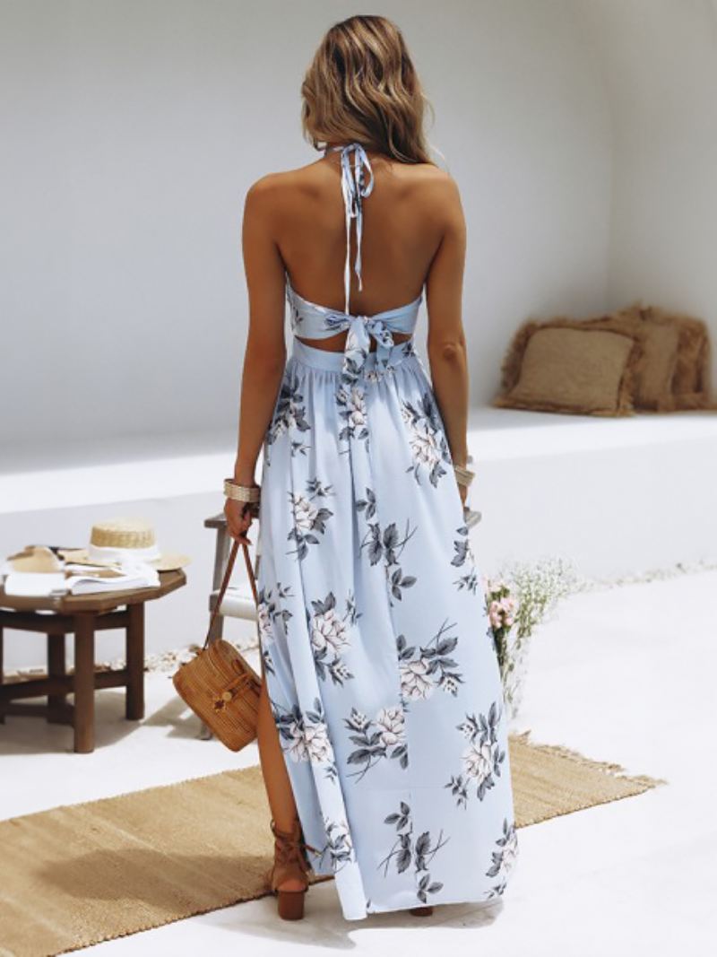 Dames Maxi-jurk Halter Gedraaid Lang Split Rugloos Donker Marineblauw Chiffon Sexy Jurk - Licht Hemelsblauw