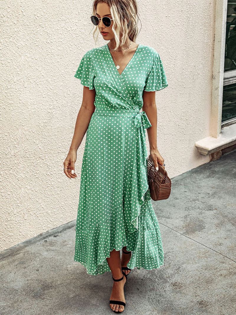 Dames Maxi-jurk Met V-hals Korte Mouwen Lange Jurk Print - Groen