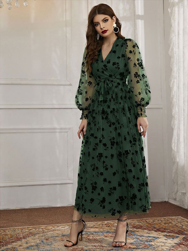 Dames Maxi-jurk Met V-hals Lange Mouwen Casual Bloemenprint Jurk Transparant Kant - Groen