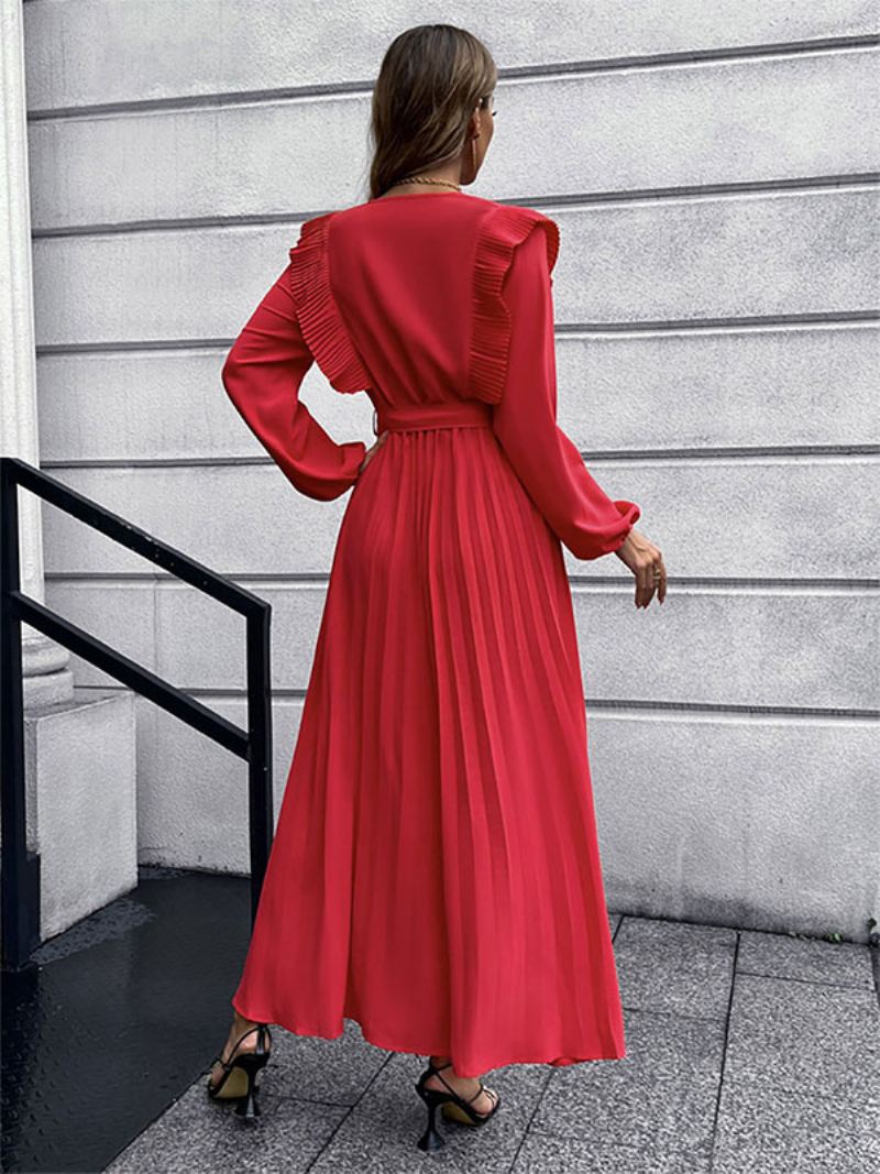 Dames Maxi-jurk V-hals Lange Mouwen Jurk - Rood