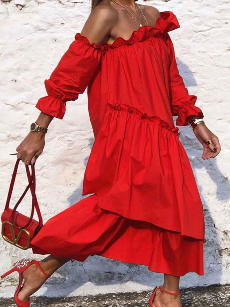 Dames Maxi-jurken Lange Mouwen Rode Bateau-hals Maxi Asymmetrische Vloerlengte Jurk - Rood