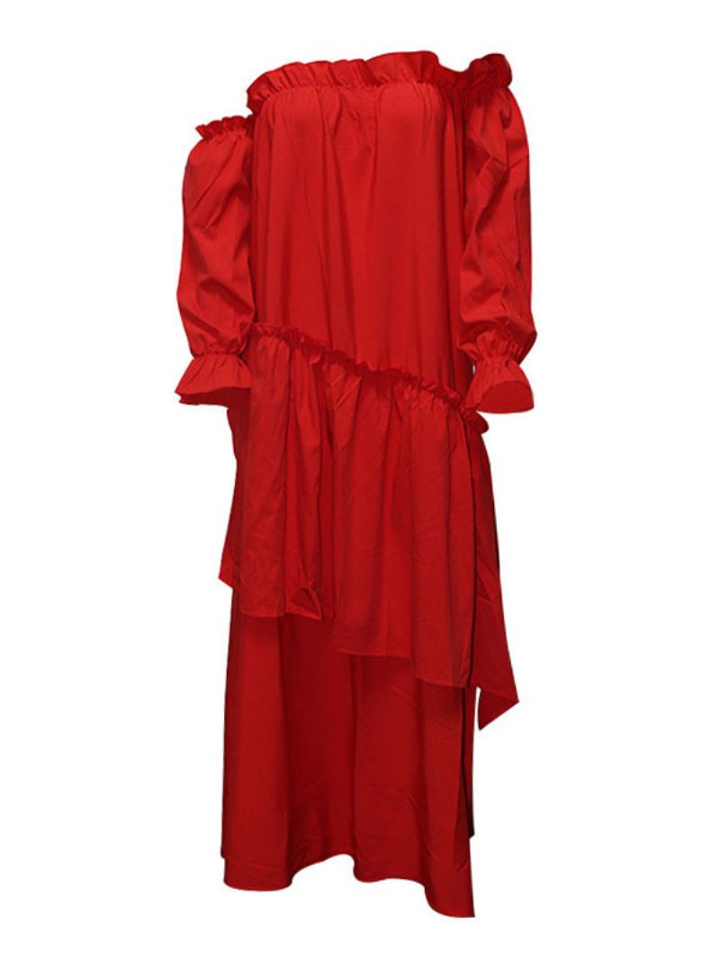 Dames Maxi-jurken Lange Mouwen Rode Bateau-hals Maxi Asymmetrische Vloerlengte Jurk - Rood