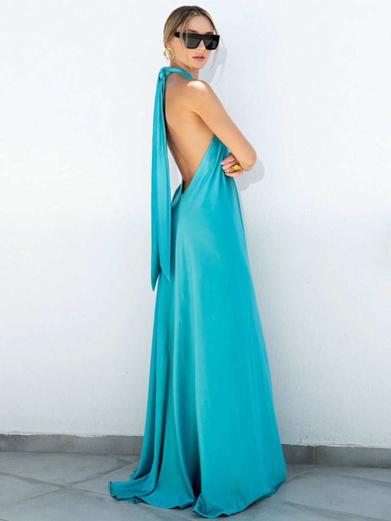 Damesfeestjurken Blauw Halter Geplooid Mouwloos Backless Semi-formele Jurk - Blauw