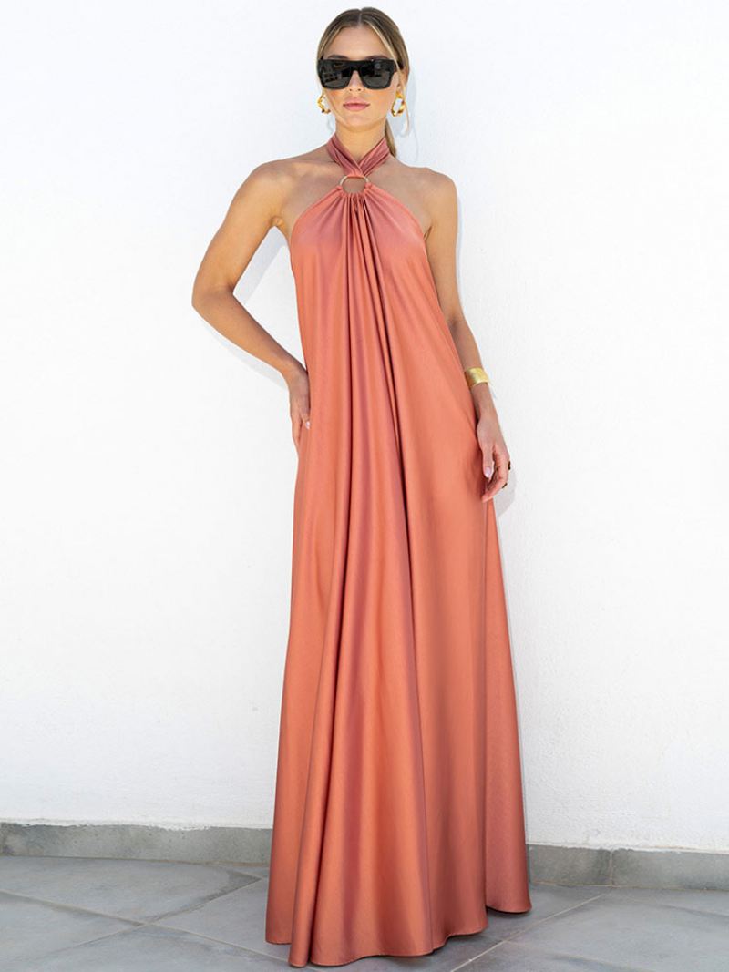 Damesfeestjurken Blauw Halter Geplooid Mouwloos Backless Semi-formele Jurk - Oranje Rood