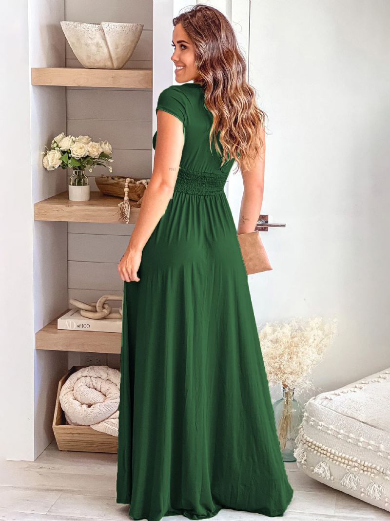 Damesjurk Met Korte Mouwen V-hals Empire Taille Split Elegante Maxi-jurken - Groen