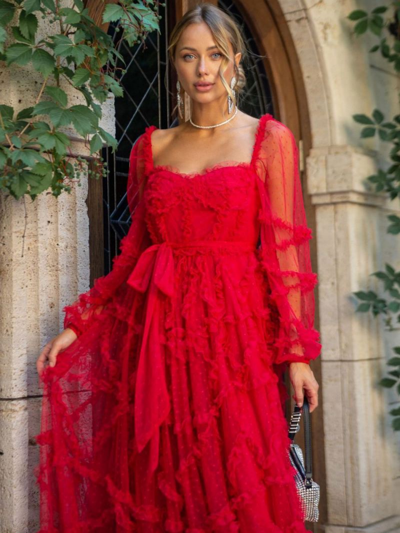 Damesjurk Met Ruches Illusie Mouwen Polka Dot Gelaagde Feestjurken - Rood