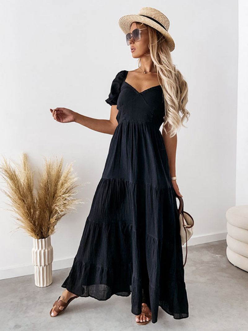 Effen Zomerjurk Dames Gelaagde Off-shoulder Maxi-jurken - Zwart