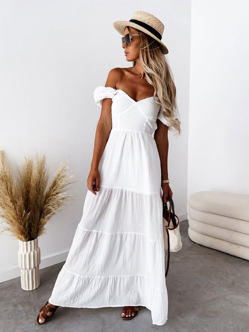 Effen Zomerjurk Dames Gelaagde Off-shoulder Maxi-jurken - Wit