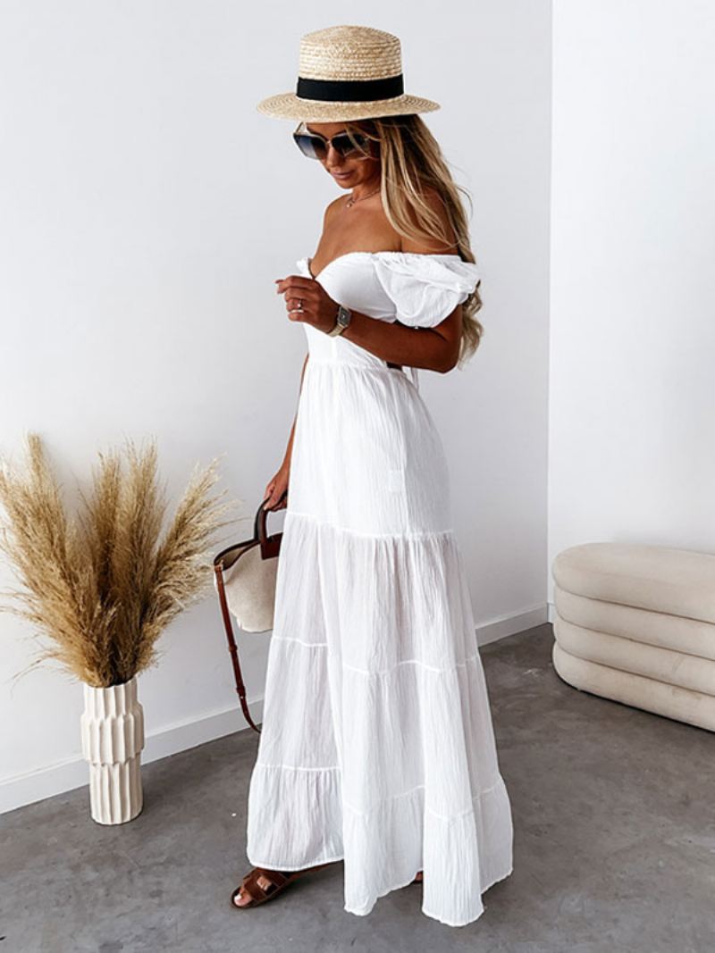 Effen Zomerjurk Dames Gelaagde Off-shoulder Maxi-jurken - Wit