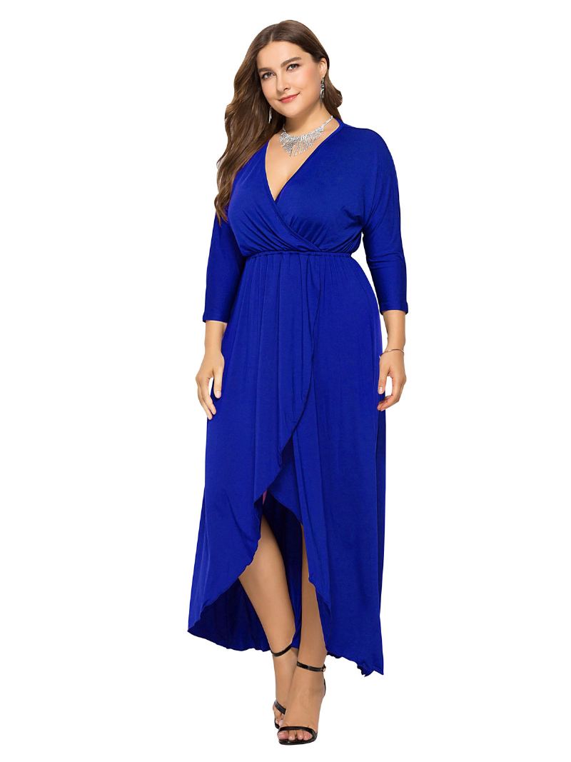 Grote Maat Maxi-jurk Dames Piepblauw Lange Mouwen Oversized Jurk Met V-hals - Koningsblauw