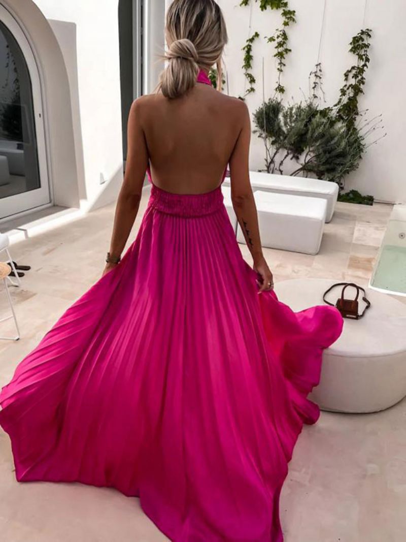 Halter Maxi-jurk Dames Mouwloos Rugloos Geplooid Elegant Galajurken - Roze