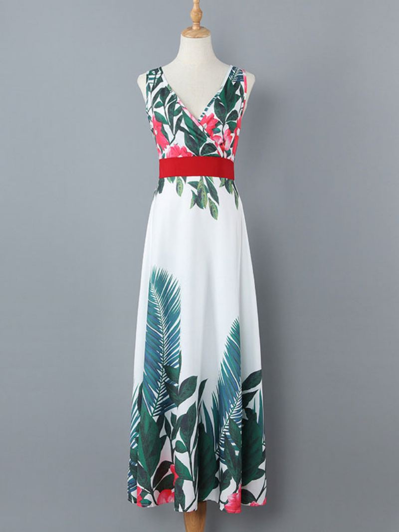 Maxi-jurken Dames Mouwloze Witte Bloemenprint Met V-hals Gelaagde Vloerlengte Veters - Wit