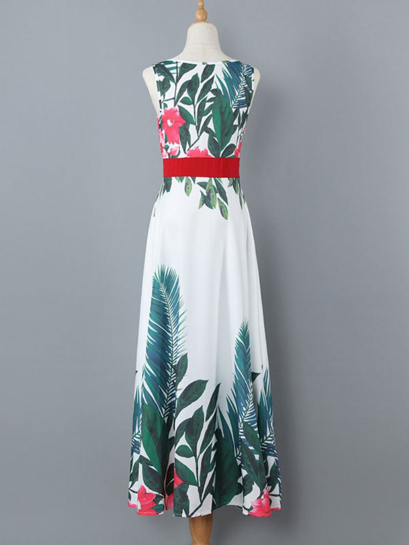 Maxi-jurken Dames Mouwloze Witte Bloemenprint Met V-hals Gelaagde Vloerlengte Veters - Wit