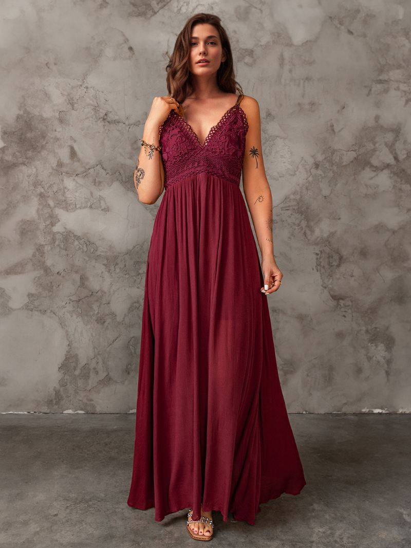 Mouwloze Lange Jurk Dames Kanten Lijfje V-hals Sexy Elegante Maxi-jurken