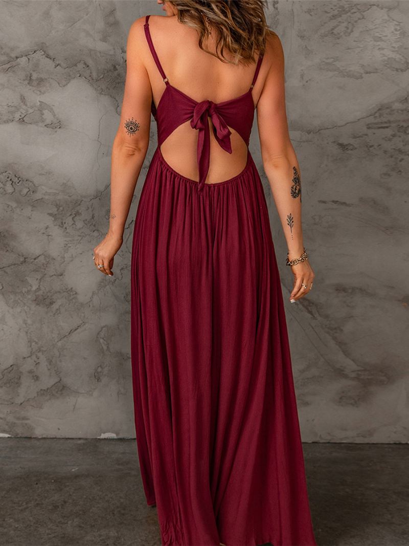 Mouwloze Lange Jurk Dames Kanten Lijfje V-hals Sexy Elegante Maxi-jurken - Rood