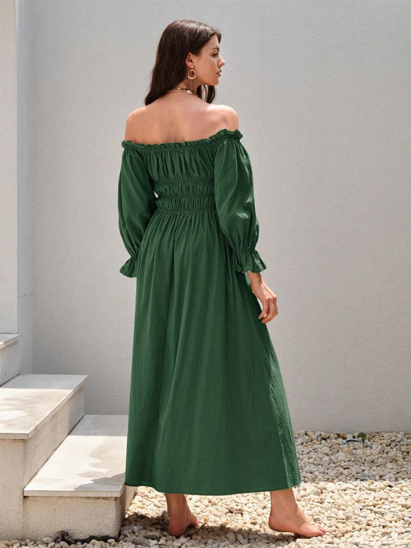 Off-the-shoulderjurk Dames Geplooide Dagelijkse Casual Maxi-jurken Groen - Groente