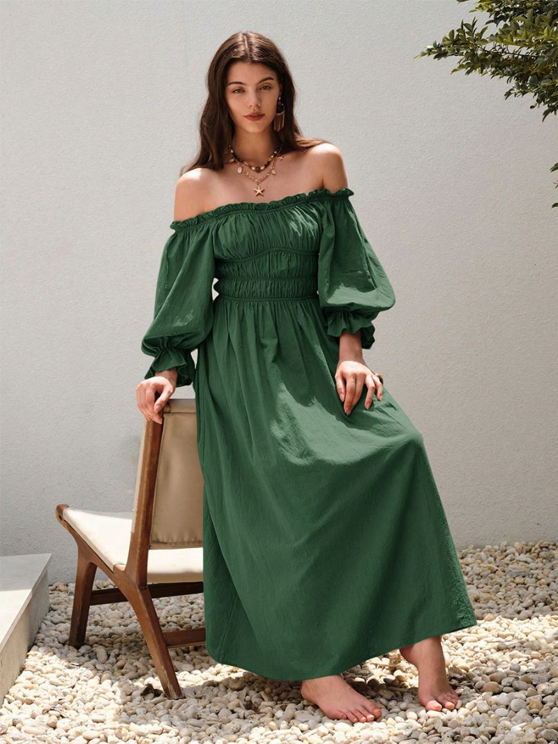 Off-the-shoulderjurk Dames Geplooide Dagelijkse Casual Maxi-jurken Groen - Groente