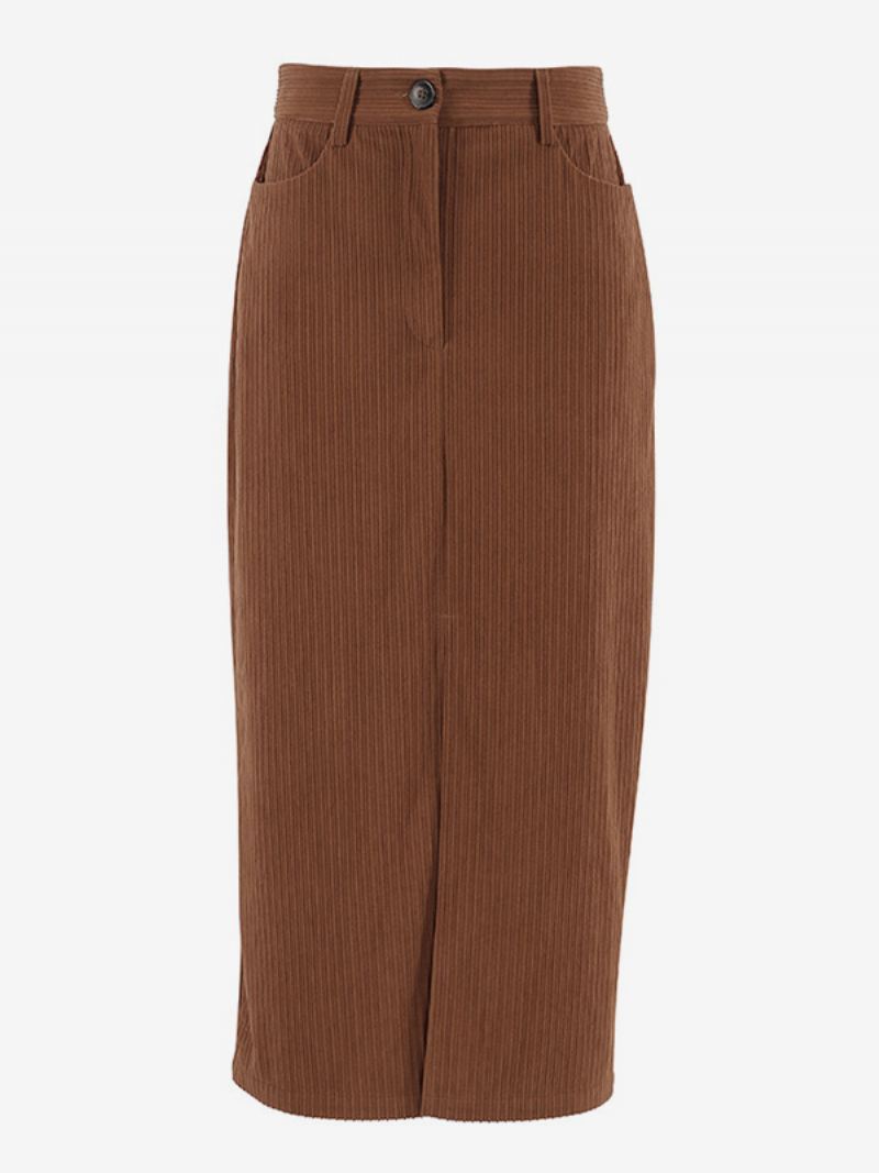 Dames Chique Corduroy Rok Met Hoge Taille Split Sexy Dagelijkse Cacusale Volledige Rokken - Koffie Bruin