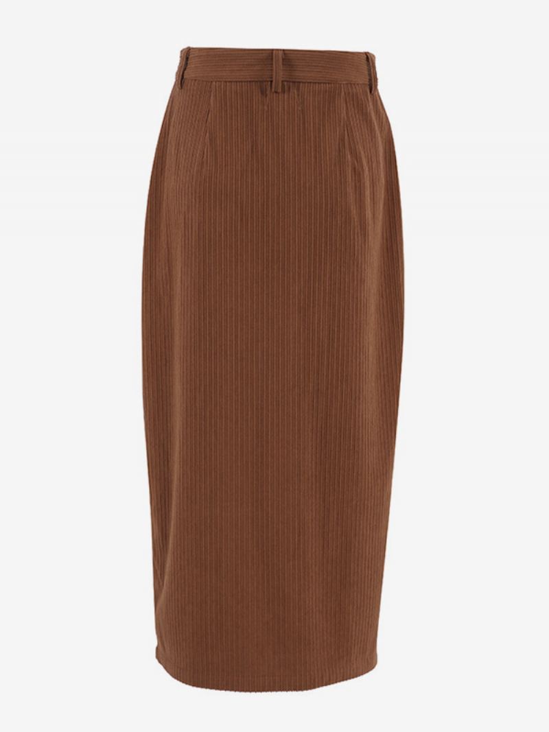 Dames Chique Corduroy Rok Met Hoge Taille Split Sexy Dagelijkse Cacusale Volledige Rokken - Koffie Bruin