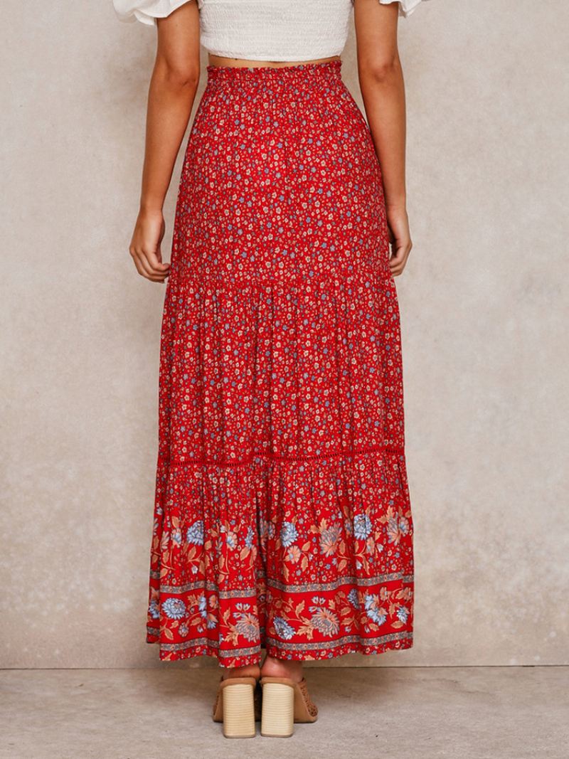 Dames Rode Volledige Rok Bedrukt Hoge Taille Met Veters Boho Casual Zomer Lange Jurken - Rood