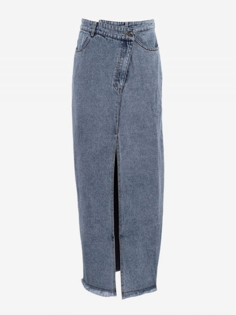 Damesrok Diepblauwe Knopen Denim Lange Verhoogde Taille Damesbroek Met Hoge Split - Diepblauw