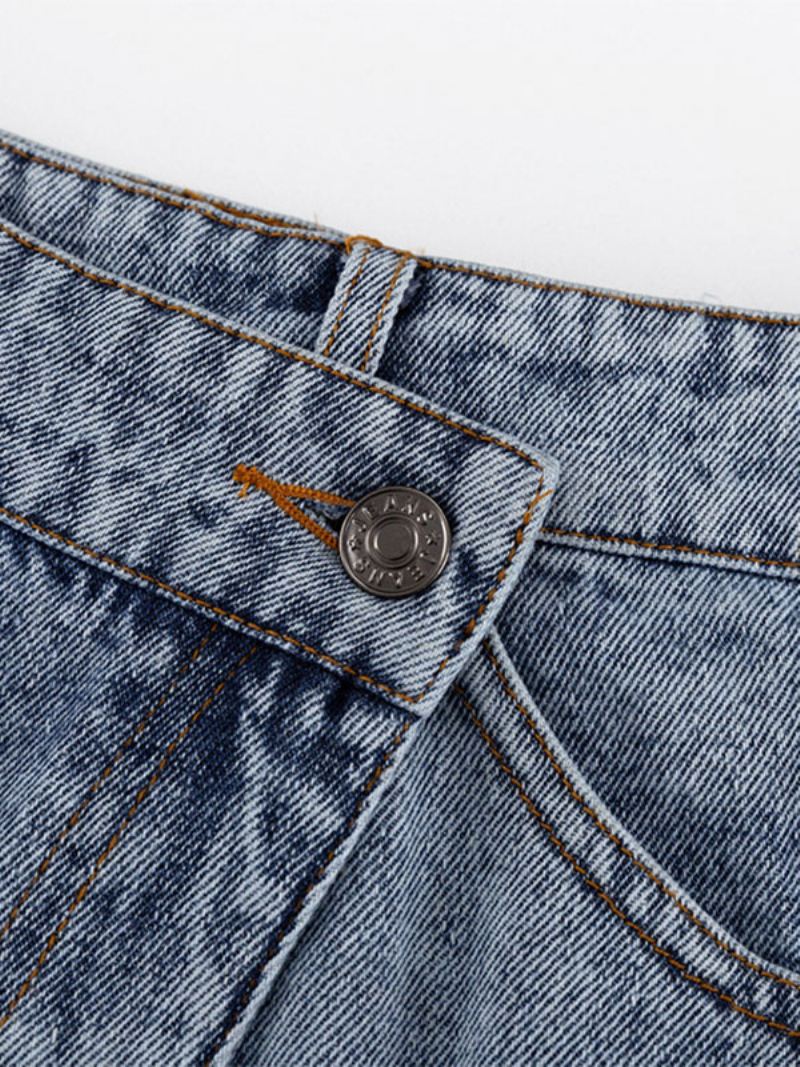 Damesrok Diepblauwe Knopen Denim Lange Verhoogde Taille Damesbroek Met Hoge Split - Diepblauw