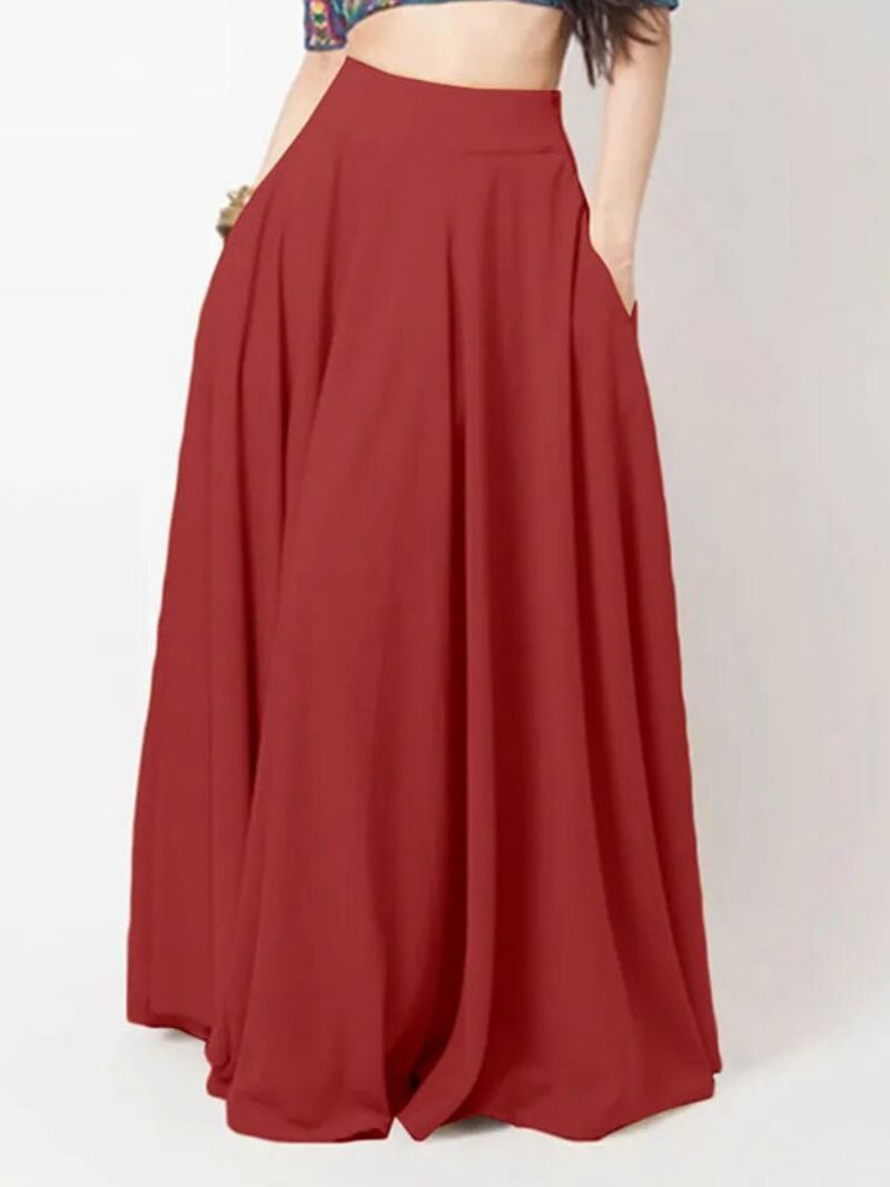 Damesrok Zwart Geplooide Lange Verhoogde Taille Oversized Damesbroeken - Rood