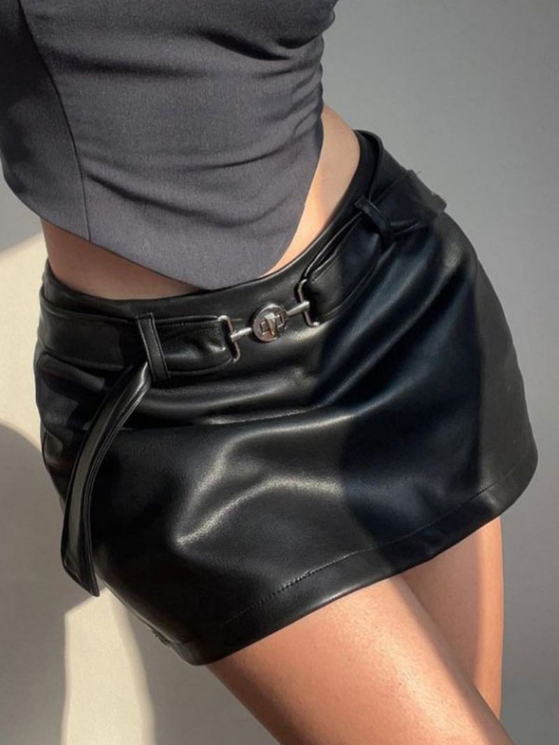 Damesrok Zwart Metalen Details Pu-leer Korte Damesbroek Met Lage Taille - Zwart