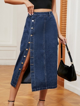 Denim Volledige Rok Dames Hoge Taille Knoopsluiting Asymmetrische Onderkant