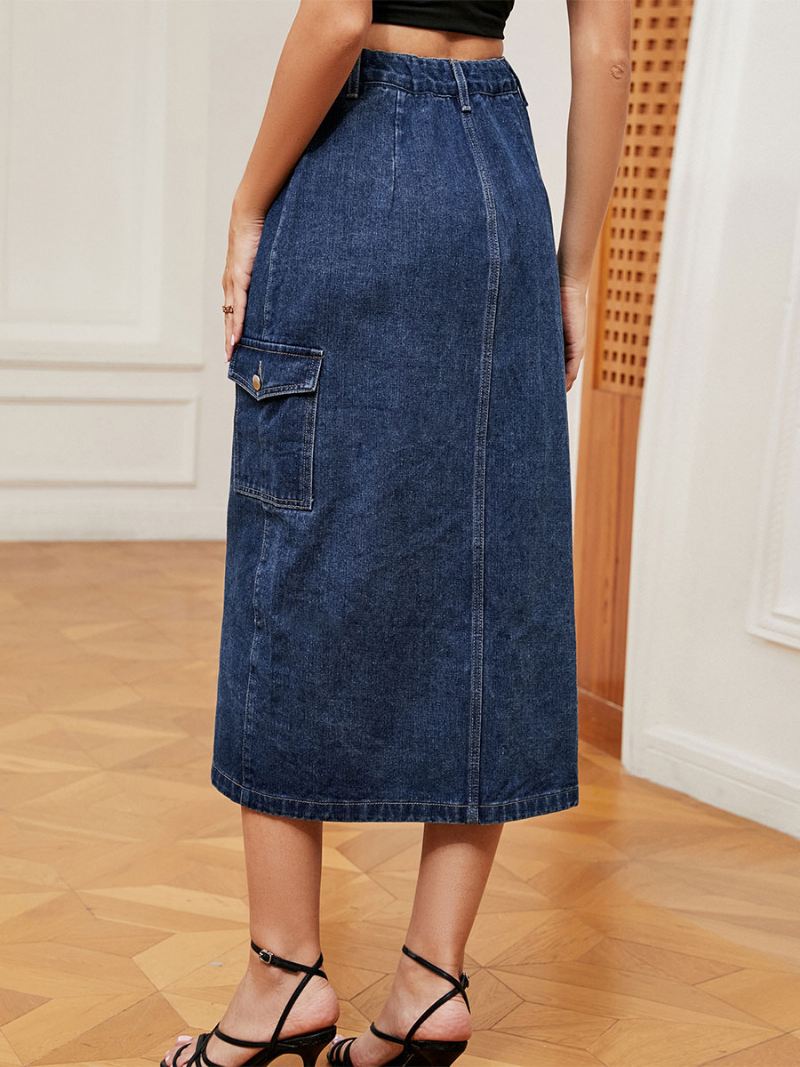 Denim Volledige Rok Dames Hoge Taille Knoopsluiting Asymmetrische Onderkant - Blauw