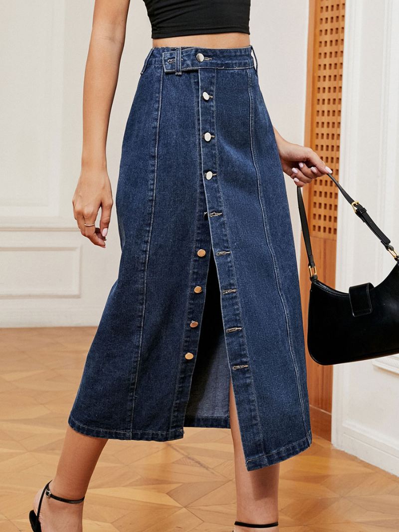 Denim Volledige Rok Dames Hoge Taille Knoopsluiting Asymmetrische Onderkant - Blauw