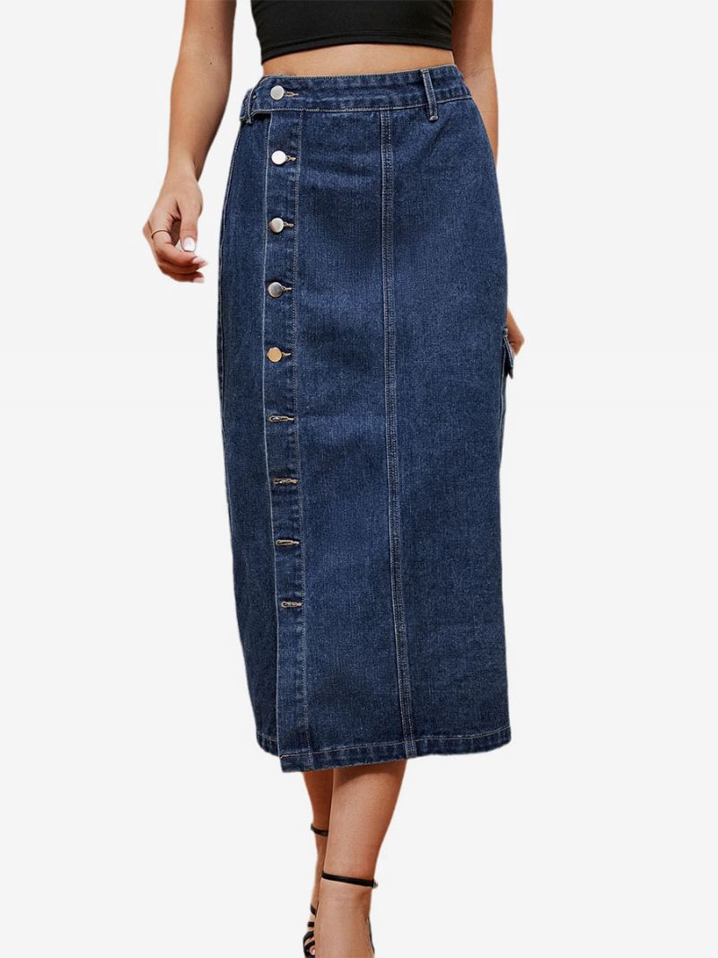 Denim Volledige Rok Dames Hoge Taille Knoopsluiting Asymmetrische Onderkant - Blauw