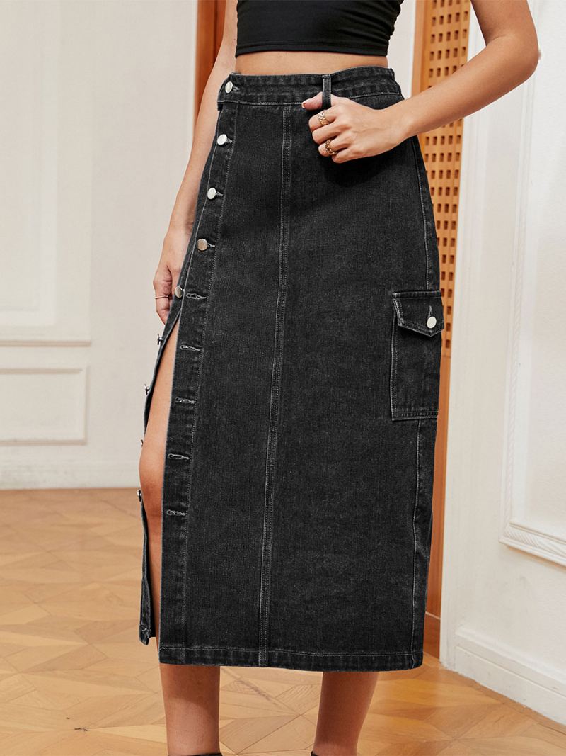 Denim Volledige Rok Dames Hoge Taille Knoopsluiting Asymmetrische Onderkant - Zwart