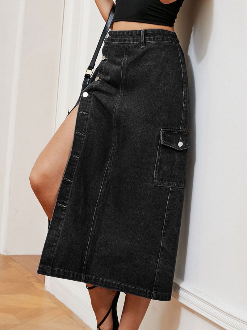 Denim Volledige Rok Dames Hoge Taille Knoopsluiting Asymmetrische Onderkant - Zwart