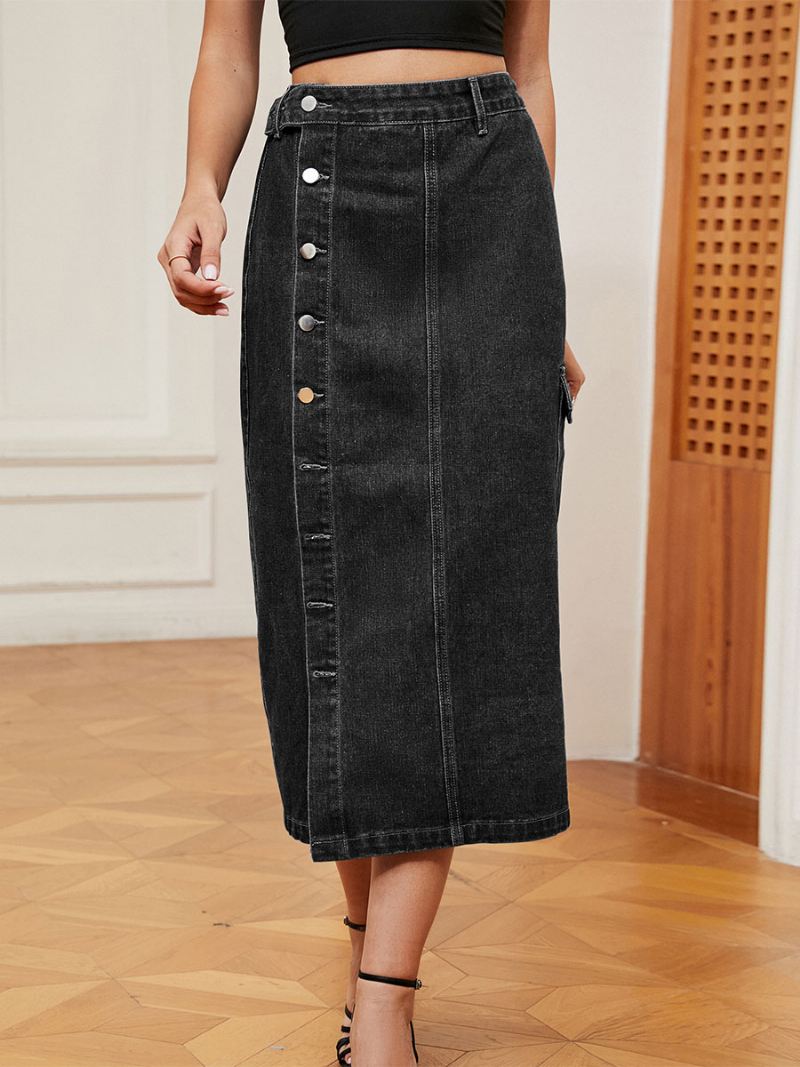 Denim Volledige Rok Dames Hoge Taille Knoopsluiting Asymmetrische Onderkant - Zwart