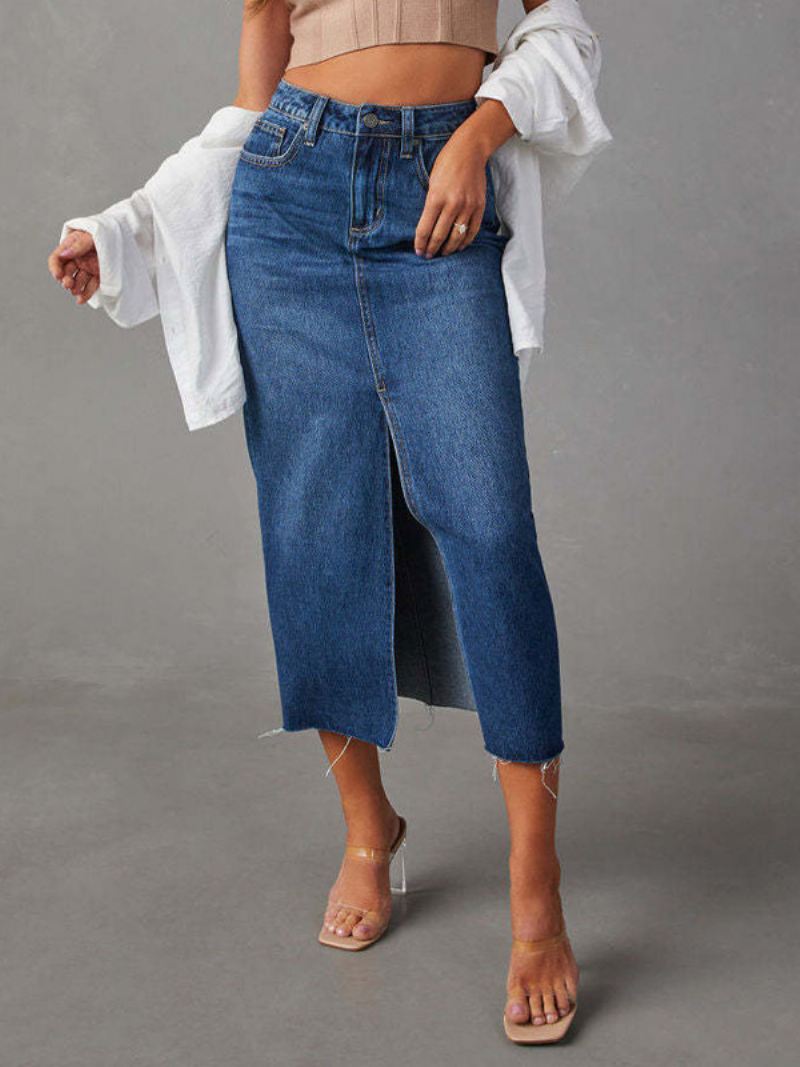 Denim Volledige Rok Dames Rasied Taille Hoge Split Ritssluiting Franjerokken