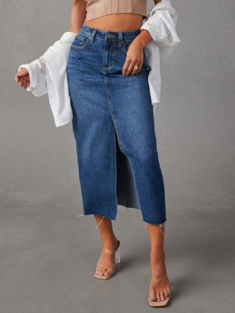 Denim Volledige Rok Dames Rasied Taille Hoge Split Ritssluiting Franjerokken